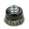Forney Command PRO Cup Brush, Knotted, Stainless Steel, 2-3/4 in x .020 in x 5/8 in-11 72802